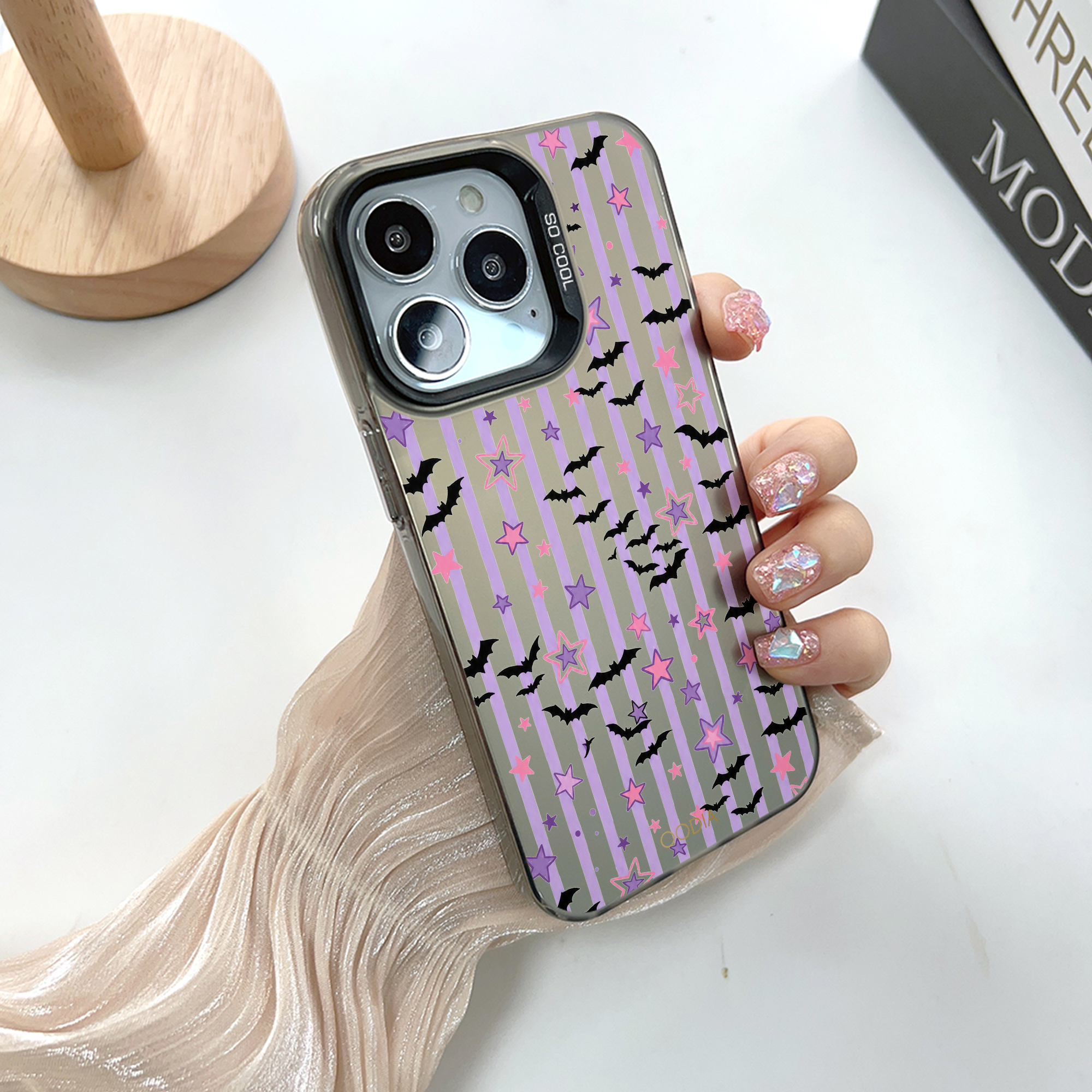 “Stripe & Spell Halloween” Pastel Bats & Starlight Phone Case for iPhone & Samsung & Xiaomi, MagSafe Compatible